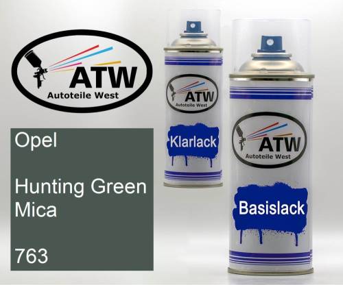 Opel, Hunting Green Mica, 763: 400ml Sprühdose + 400ml Klarlack - Set, von ATW Autoteile West.